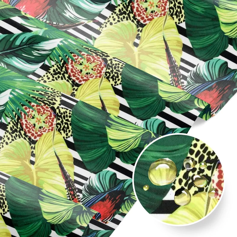 Wasserabweisender Stoff Oxford - Monstera-Palmenblätter Streifen