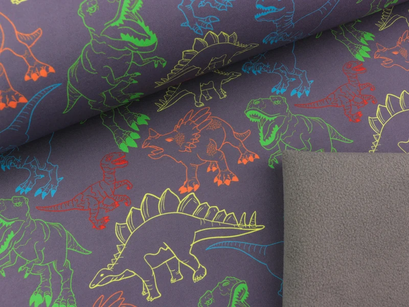 Reststück 34cm - Softshell Fiete Bunte Dinosaurier auf Dunkelgrau